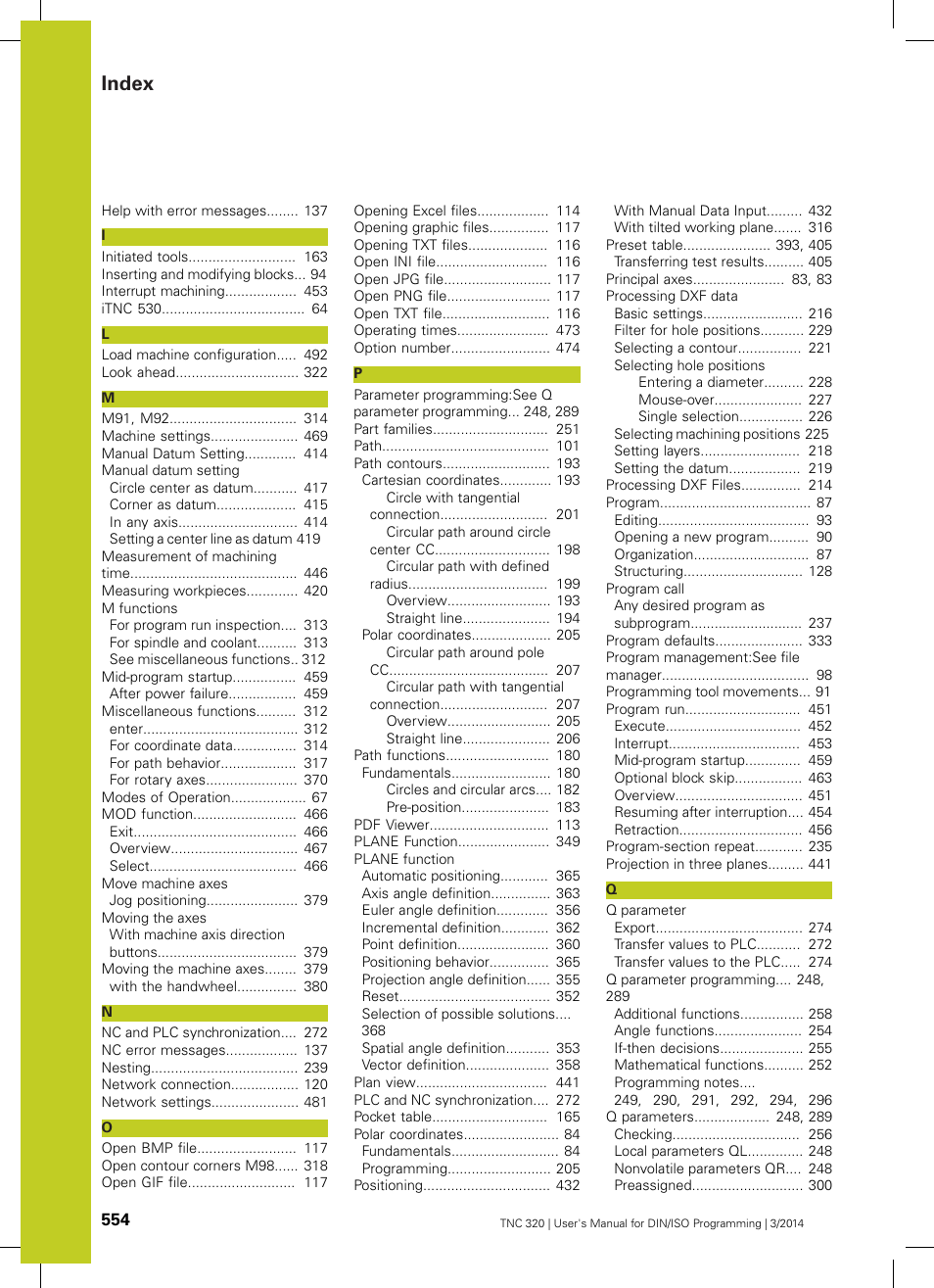 Index | HEIDENHAIN TNC 320 (77185x-01) ISO programming User Manual | Page 554 / 556