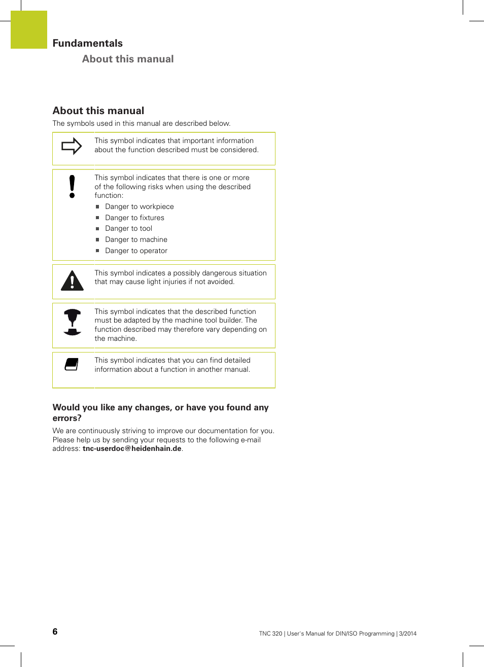 About this manual, Fundamentals about this manual | HEIDENHAIN TNC 320 (77185x-01) ISO programming User Manual | Page 6 / 556