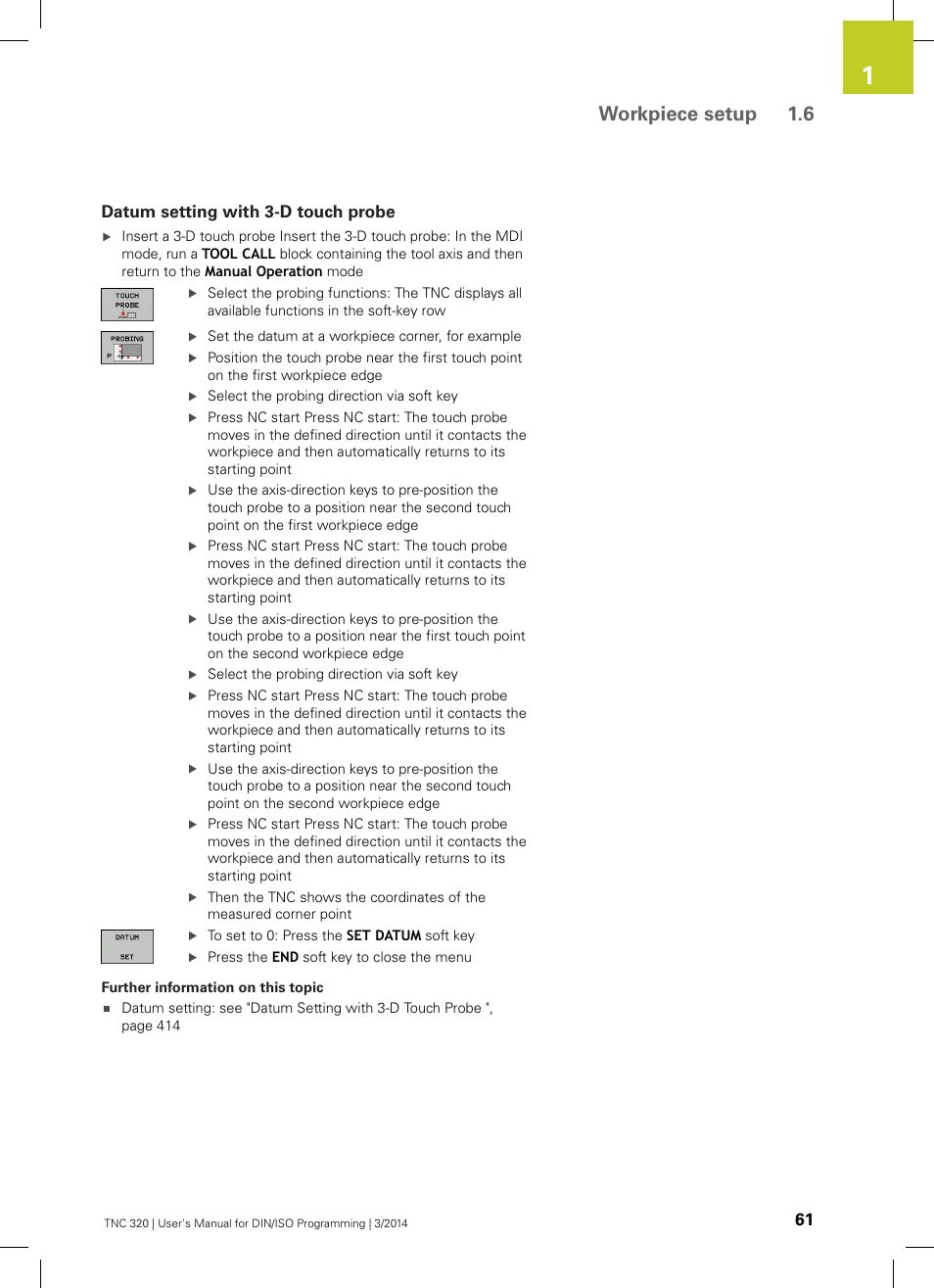 Datum setting with 3-d touch probe, Workpiece setup 1.6 | HEIDENHAIN TNC 320 (77185x-01) ISO programming User Manual | Page 61 / 556