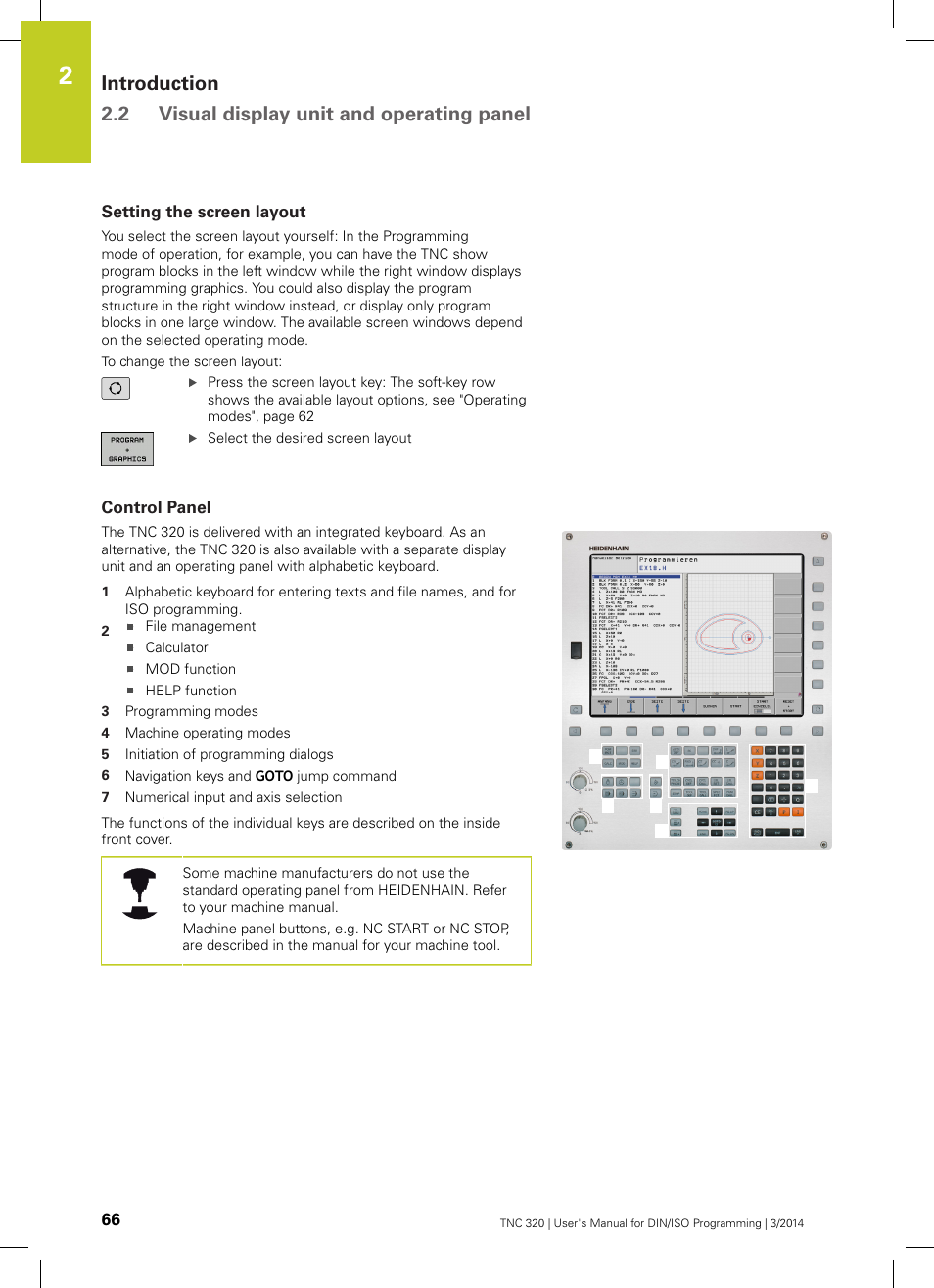 Setting the screen layout, Control panel | HEIDENHAIN TNC 320 (77185x-01) ISO programming User Manual | Page 66 / 556