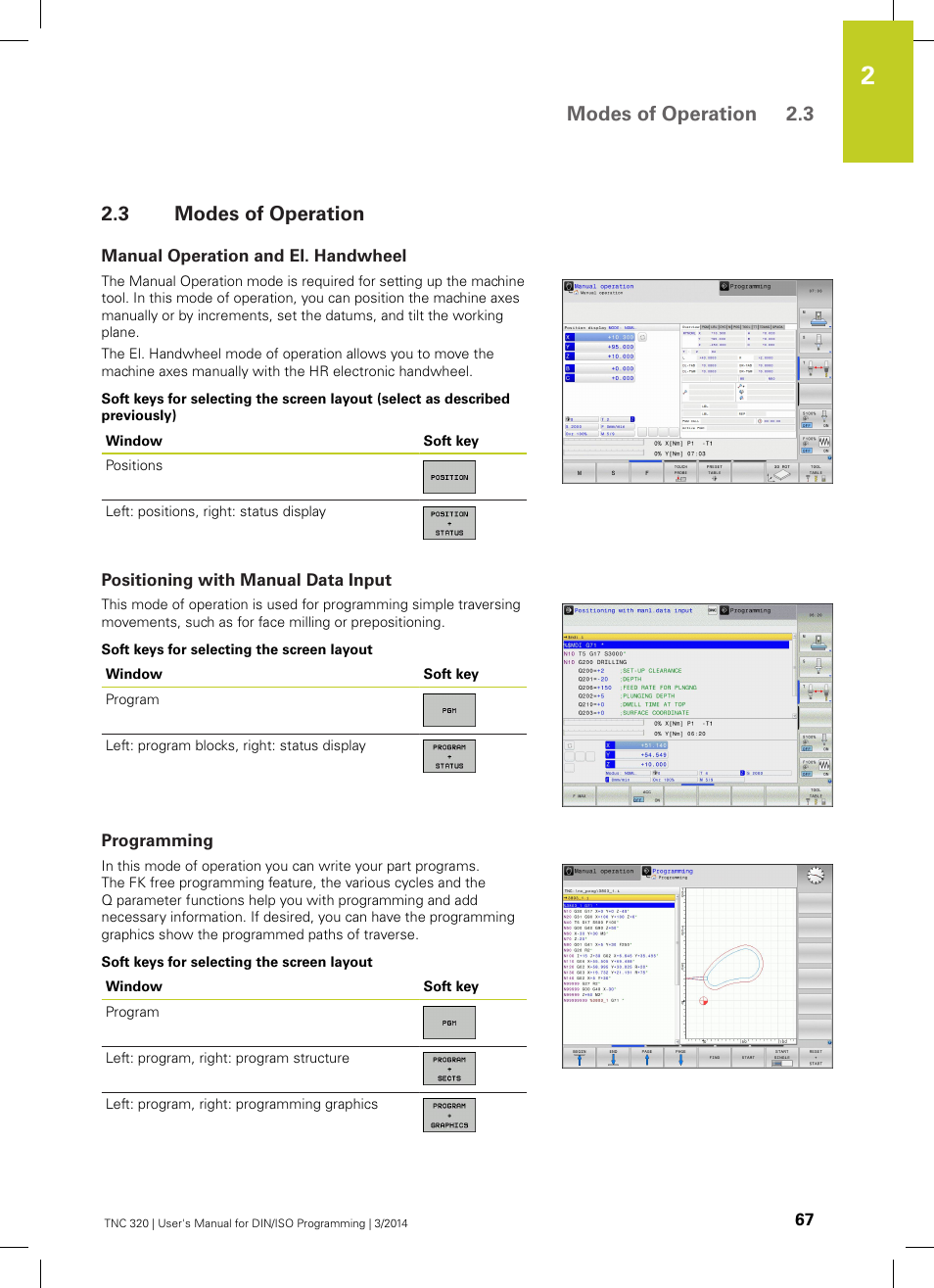 3 modes of operation, Manual operation and el. handwheel, Positioning with manual data input | Programming, Modes of operation, Modes of operation 2.3 | HEIDENHAIN TNC 320 (77185x-01) ISO programming User Manual | Page 67 / 556