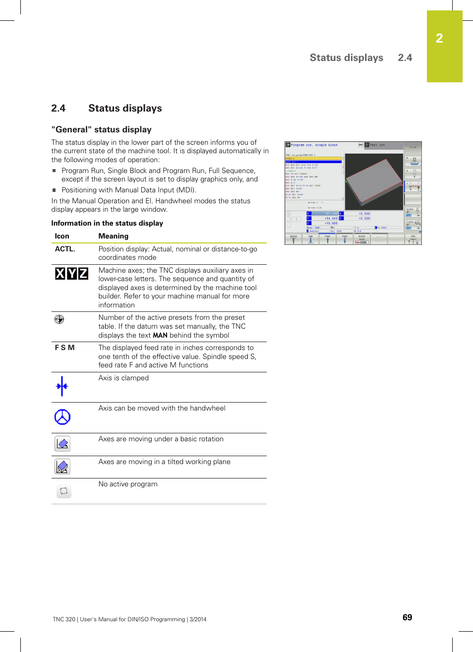 4 status displays, General" status display, Status displays | Status displays 2.4 | HEIDENHAIN TNC 320 (77185x-01) ISO programming User Manual | Page 69 / 556