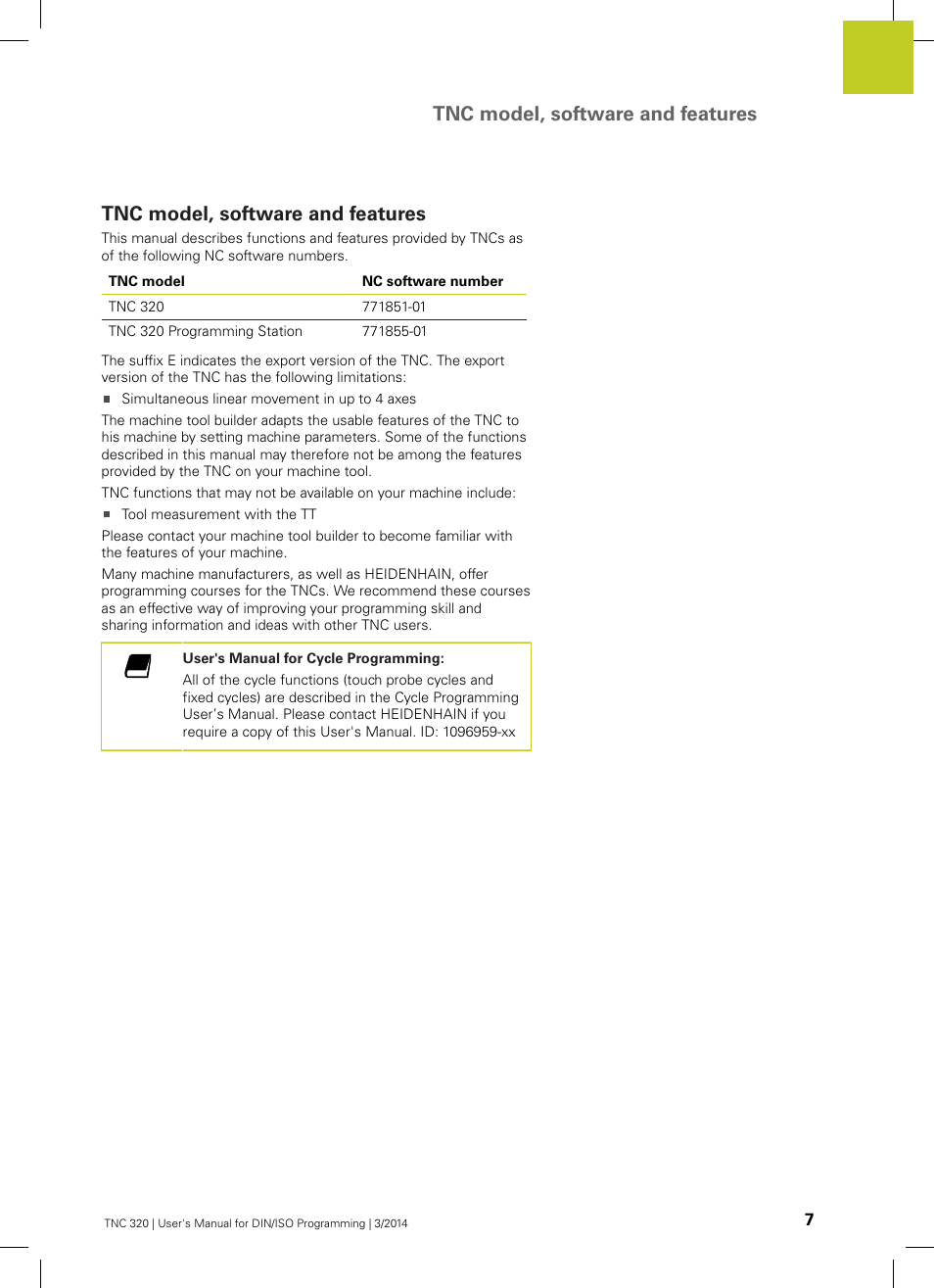 Tnc model, software and features | HEIDENHAIN TNC 320 (77185x-01) ISO programming User Manual | Page 7 / 556