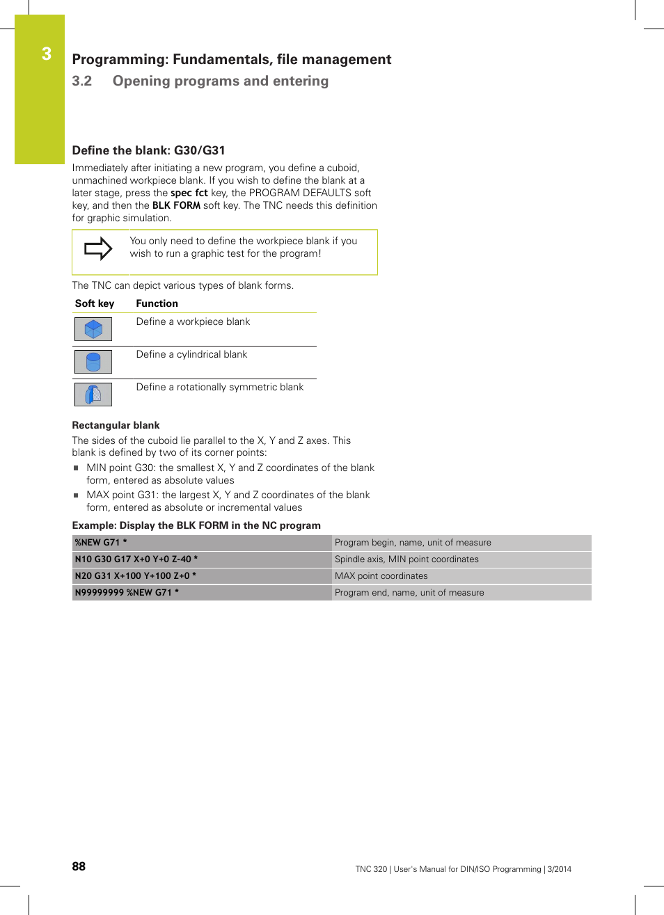 Define the blank: g30/g31 | HEIDENHAIN TNC 320 (77185x-01) ISO programming User Manual | Page 88 / 556