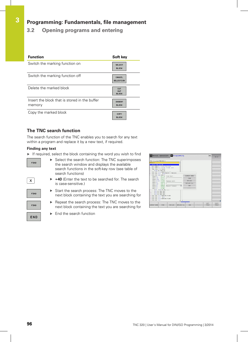 The tnc search function | HEIDENHAIN TNC 320 (77185x-01) ISO programming User Manual | Page 96 / 556