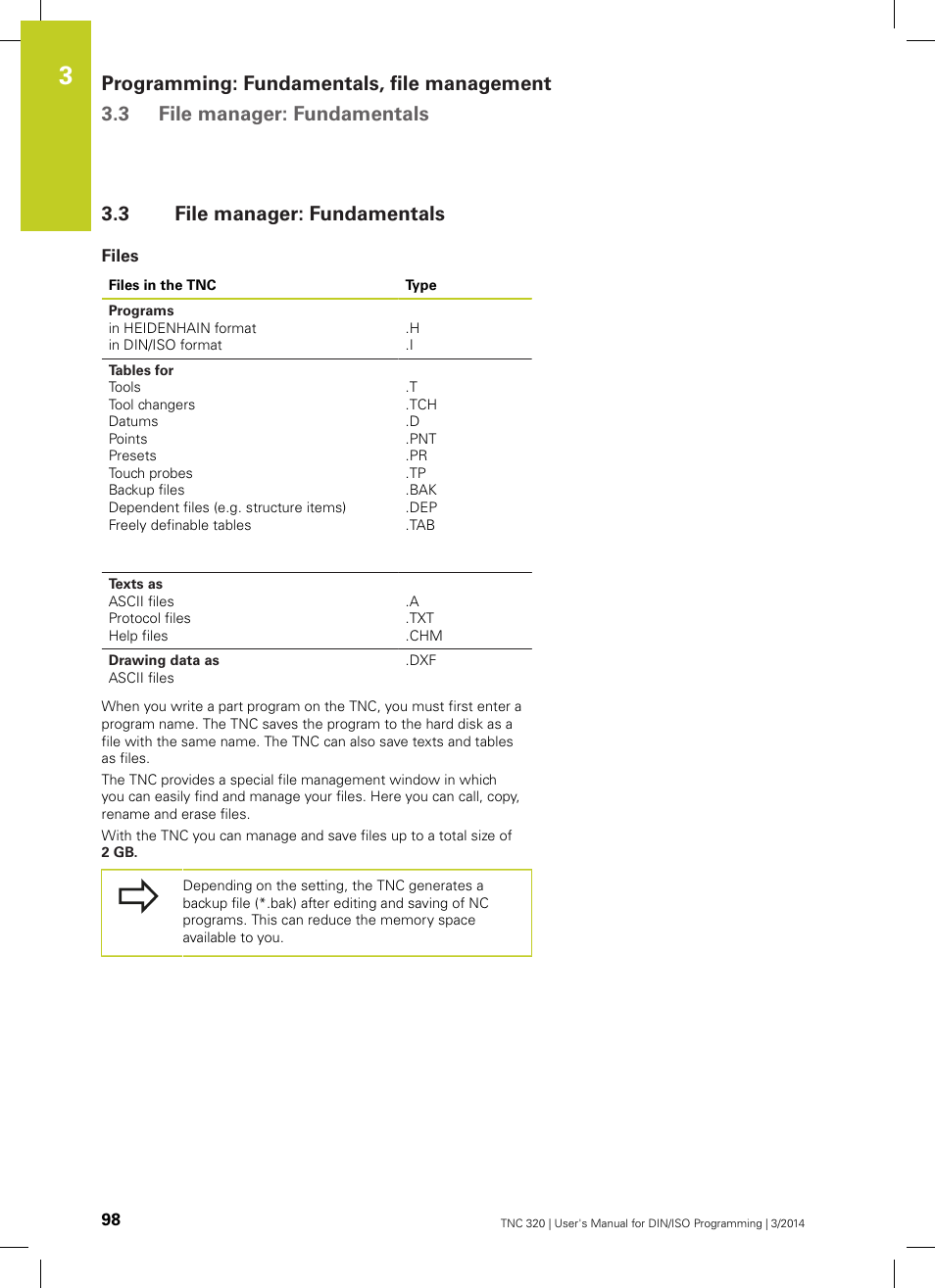 3 file manager: fundamentals, Files, File manager: fundamentals | HEIDENHAIN TNC 320 (77185x-01) ISO programming User Manual | Page 98 / 556
