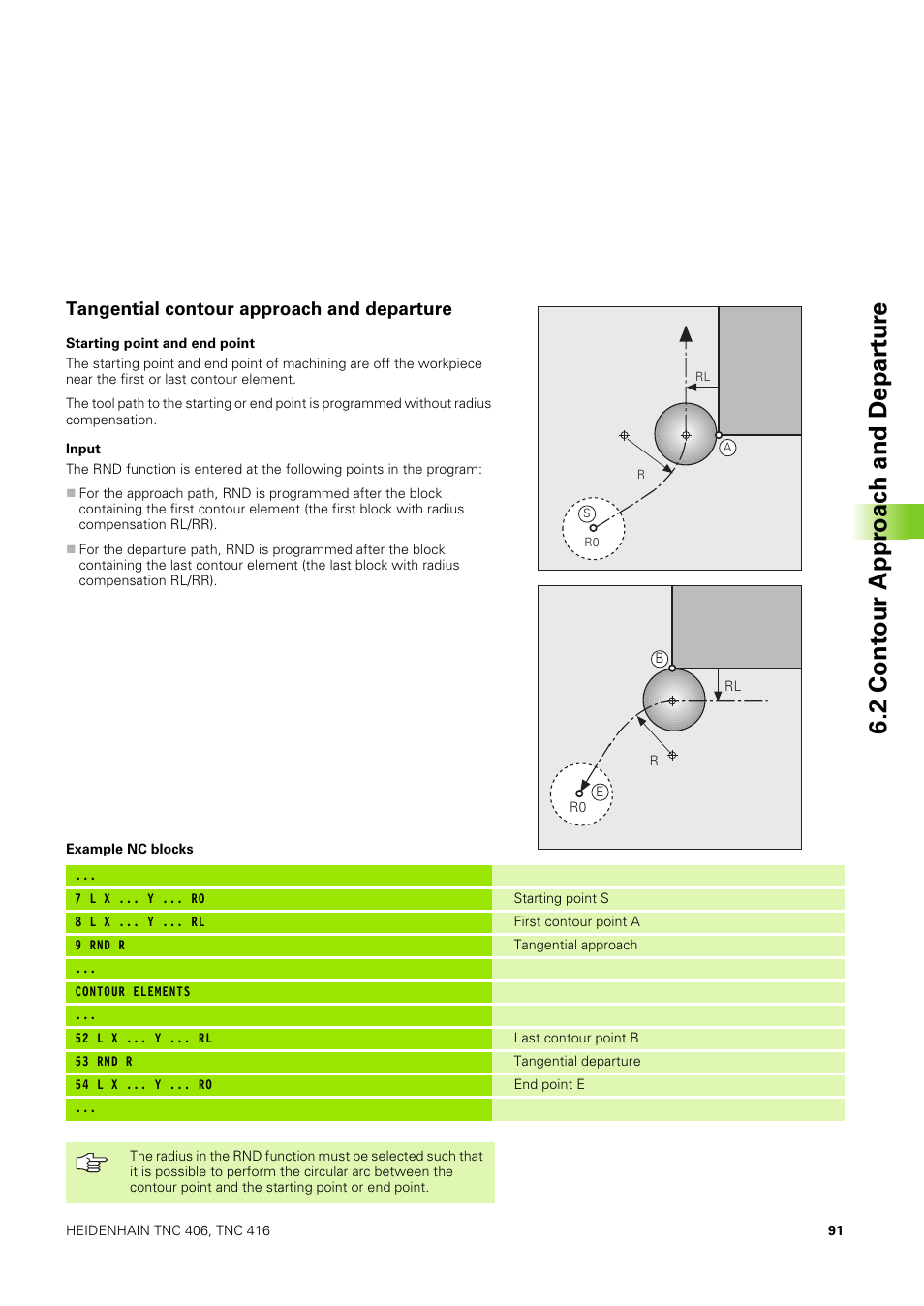 Tangential contour approach and departure, 2 cont our appr oac h and depar tur e | HEIDENHAIN TNC 406 User Manual | Page 112 / 289