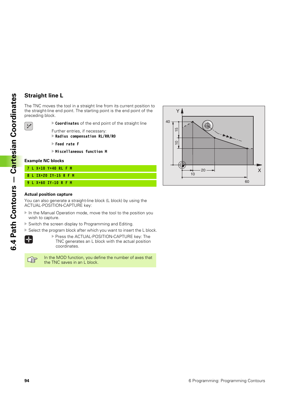 Straight line l, 4 p ath cont ours — car tesian coor dinat es | HEIDENHAIN TNC 406 User Manual | Page 115 / 289