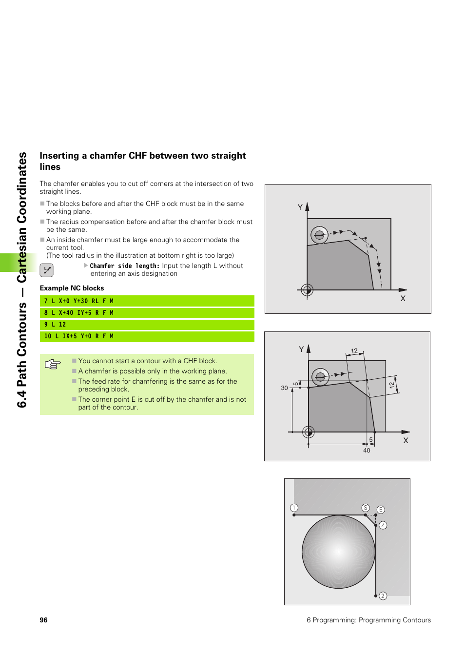 Inserting a chamfer chf between two straight lines, 4 p ath cont ours — car tesian coor dinat es | HEIDENHAIN TNC 406 User Manual | Page 117 / 289