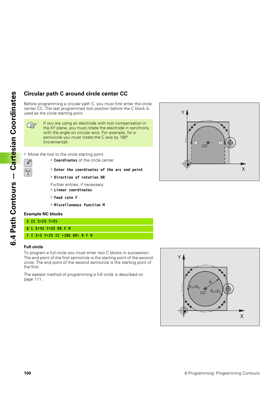 Circular path c around circle center cc, 4 p ath cont ours — car tesian coor dinat es | HEIDENHAIN TNC 406 User Manual | Page 121 / 289