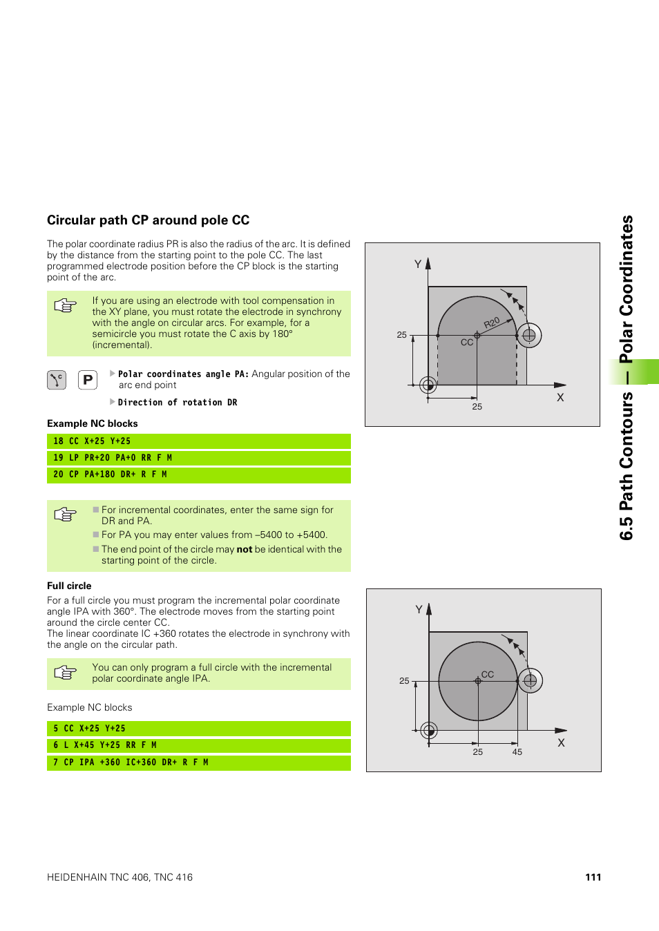 Circular path cp around pole cc, 5 p a th cont ours — p o lar coor dinat e s | HEIDENHAIN TNC 406 User Manual | Page 132 / 289