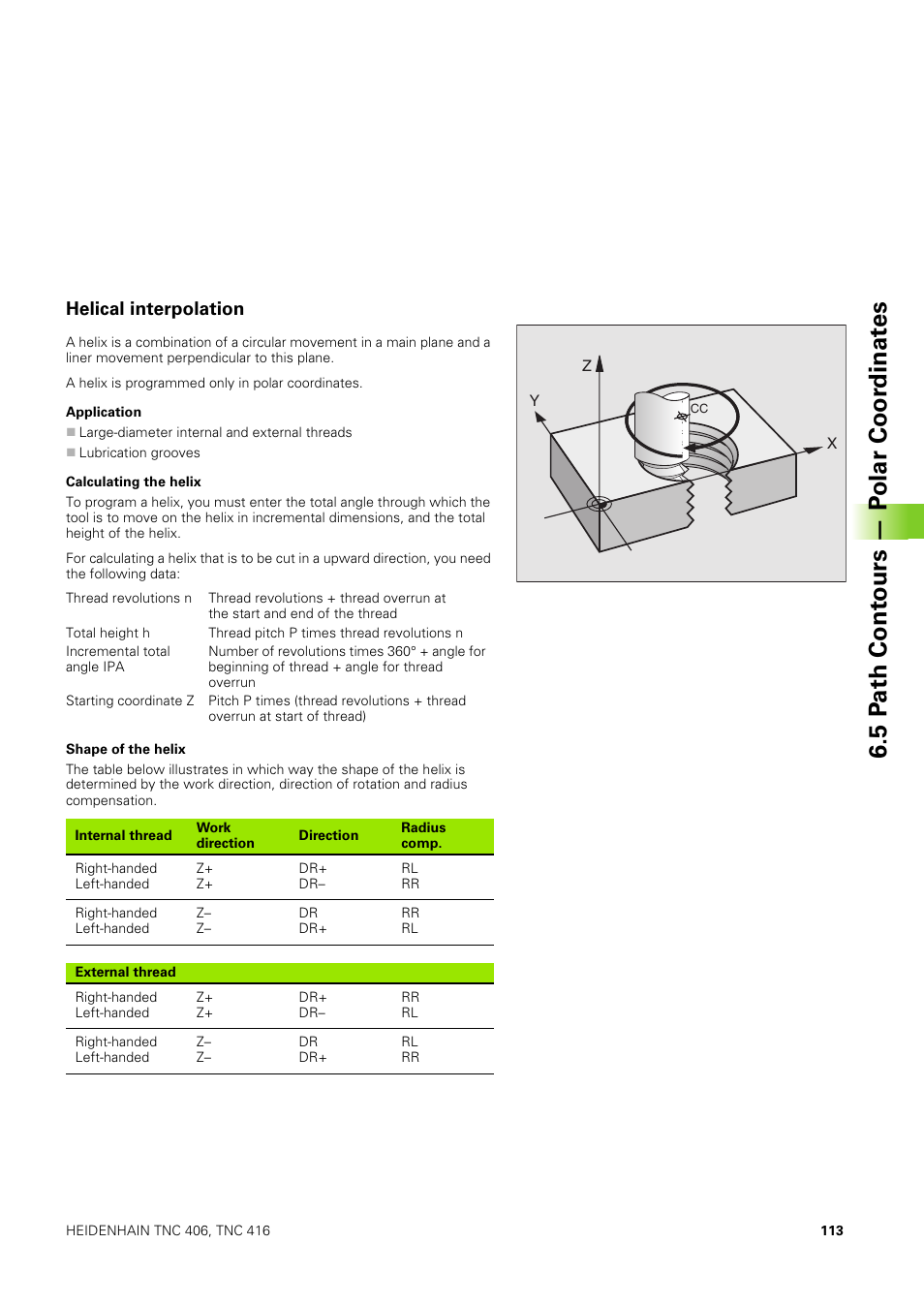 Helical interpolation, 5 p a th cont ours — p o lar coor dinat e s | HEIDENHAIN TNC 406 User Manual | Page 134 / 289