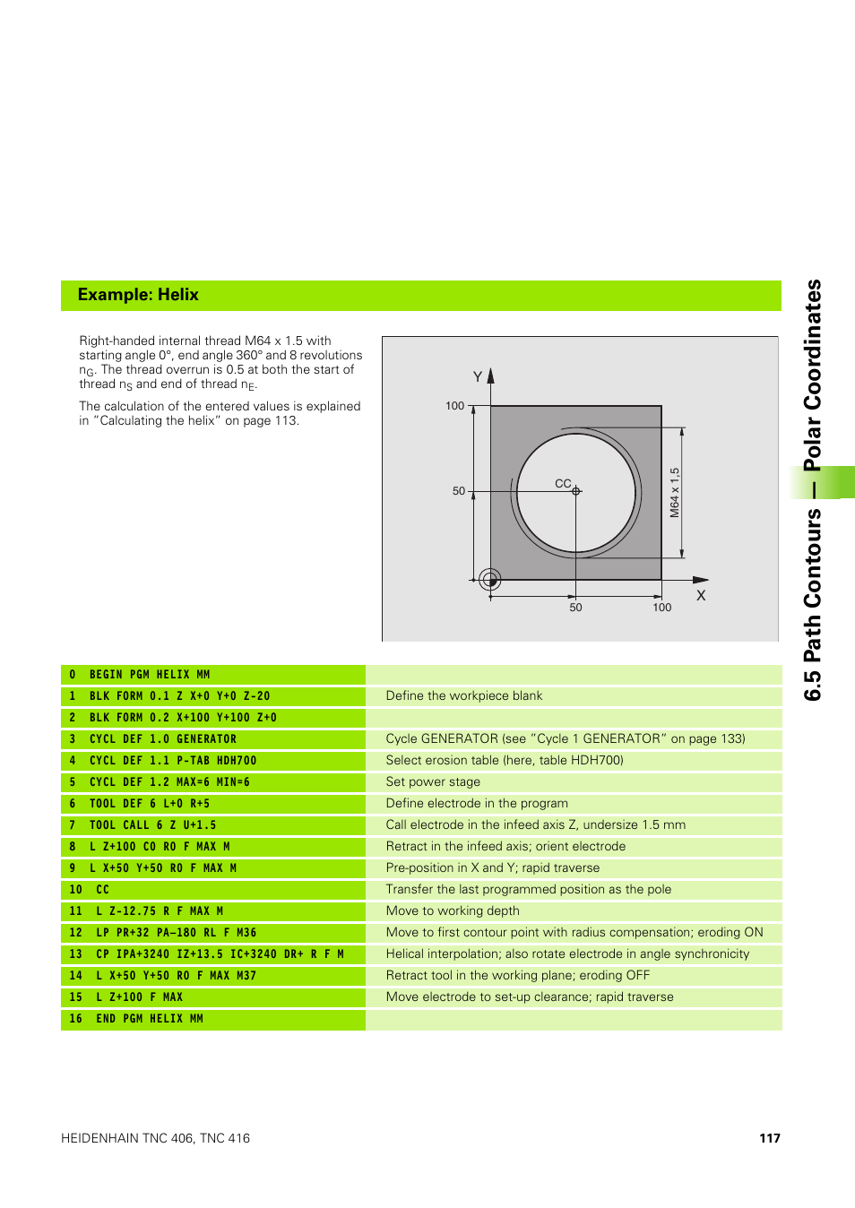 5 p a th cont ours — p o lar coor dinat e s, Example: helix | HEIDENHAIN TNC 406 User Manual | Page 138 / 289