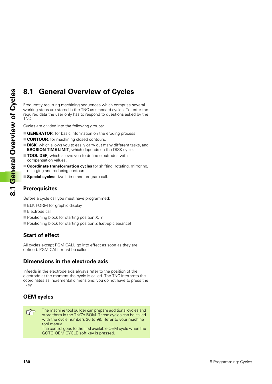 1 general overview of cycles, Prerequisites, Start of effect | Dimensions in the electrode axis, Oem cycles | HEIDENHAIN TNC 406 User Manual | Page 151 / 289