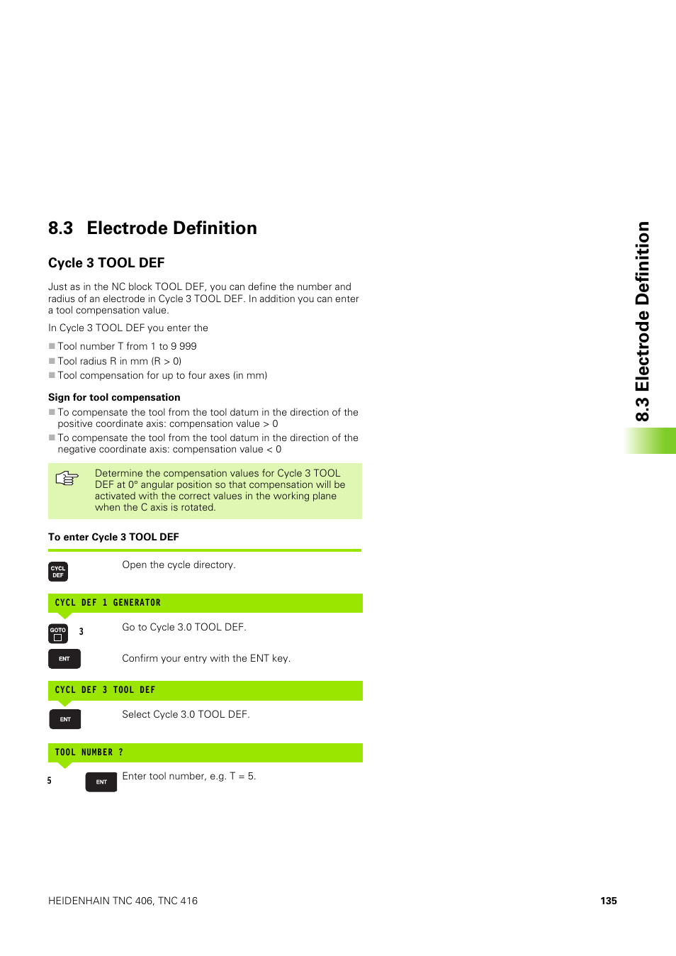 3 electrode definition, Cycle 3 tool def, 3 electr ode definition 8.3 electrode definition | HEIDENHAIN TNC 406 User Manual | Page 156 / 289