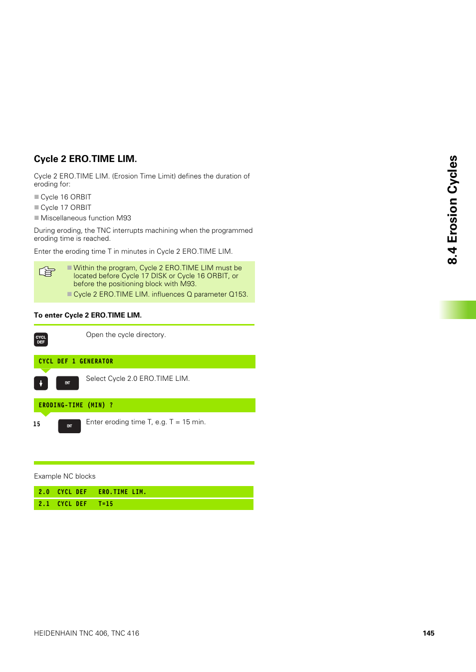 Cycle 2 ero.time lim, 4 er osion cy cles | HEIDENHAIN TNC 406 User Manual | Page 166 / 289