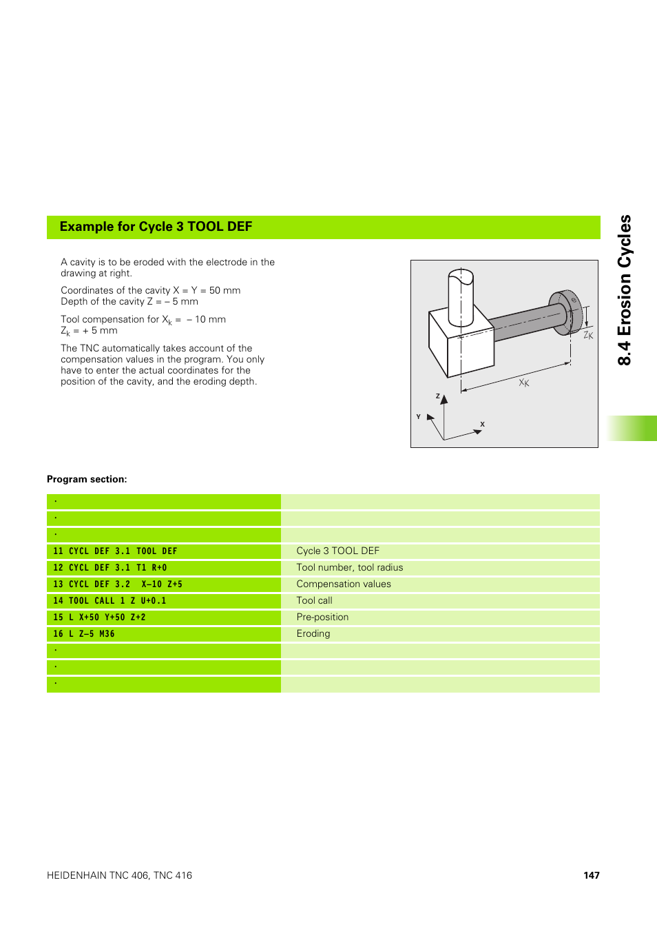 4 er osion cy cles, Example for cycle 3 tool def | HEIDENHAIN TNC 406 User Manual | Page 168 / 289