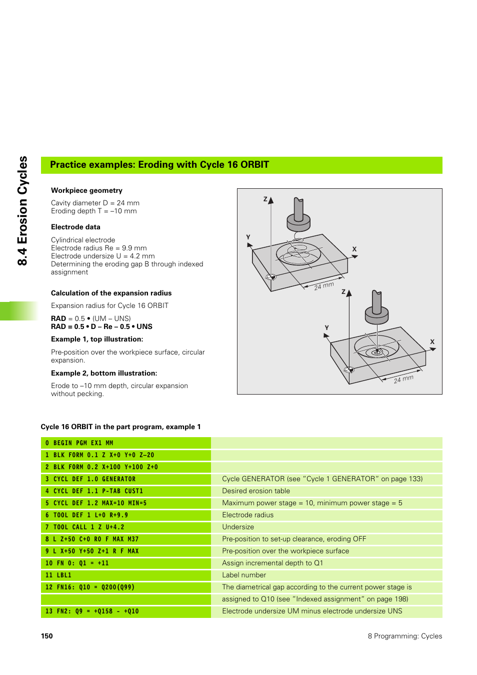 4 er osion cy cles, Practice examples: eroding with cycle 16 orbit | HEIDENHAIN TNC 406 User Manual | Page 171 / 289