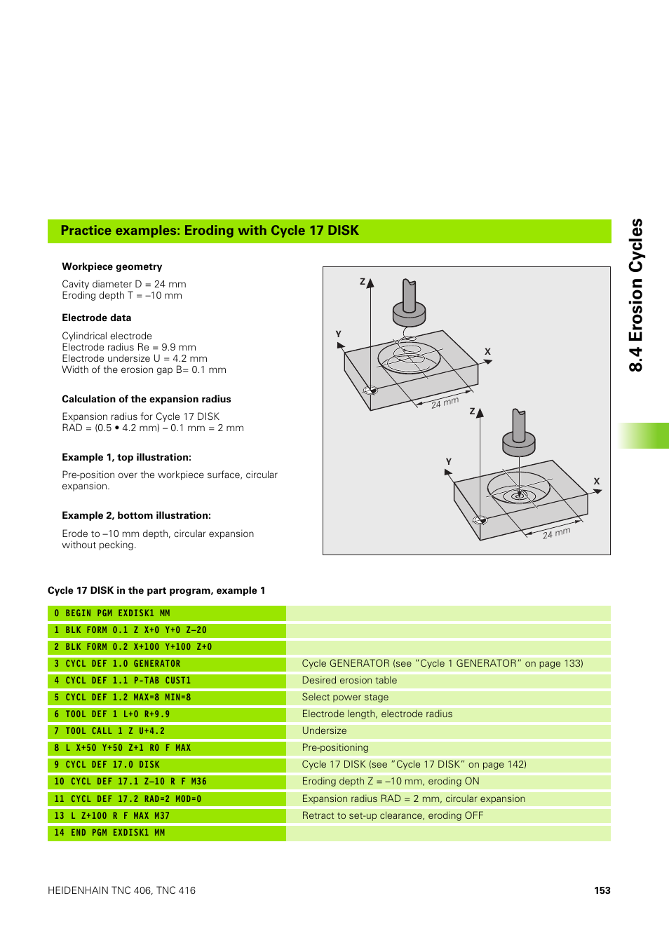 4 er osion cy cles, Practice examples: eroding with cycle 17 disk | HEIDENHAIN TNC 406 User Manual | Page 174 / 289