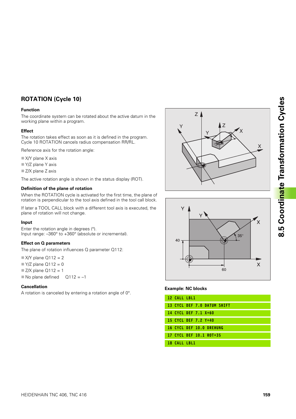 Rotation (cycle 10), 5 coor dinat e t ransf or mation cy cles | HEIDENHAIN TNC 406 User Manual | Page 180 / 289