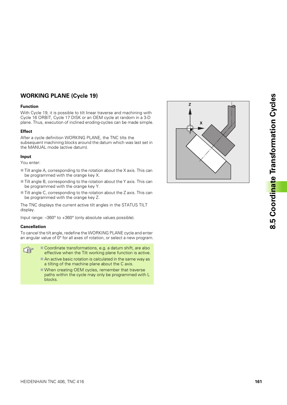 Working plane (cycle 19), 5 coor dinat e t ransf or mation cy cles | HEIDENHAIN TNC 406 User Manual | Page 182 / 289