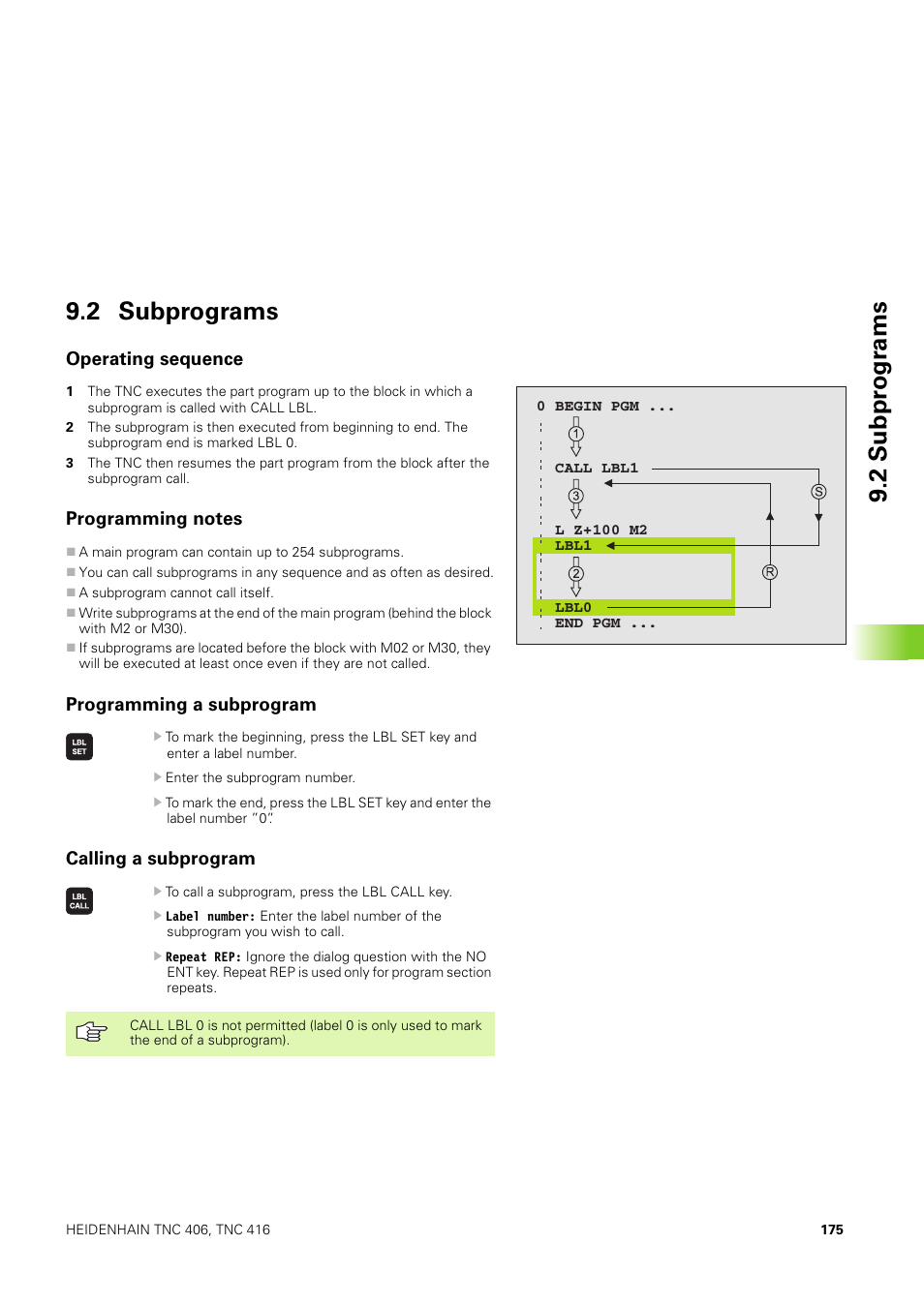 2 subprograms, Operating sequence, Programming notes | Programming a subprogram, Calling a subprogram, 2 subpr ogr ams 9.2 subprograms | HEIDENHAIN TNC 406 User Manual | Page 196 / 289