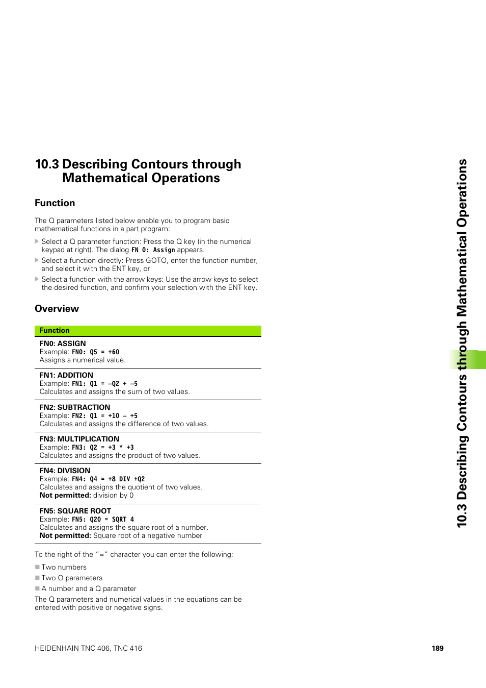 Function, Overview | HEIDENHAIN TNC 406 User Manual | Page 210 / 289