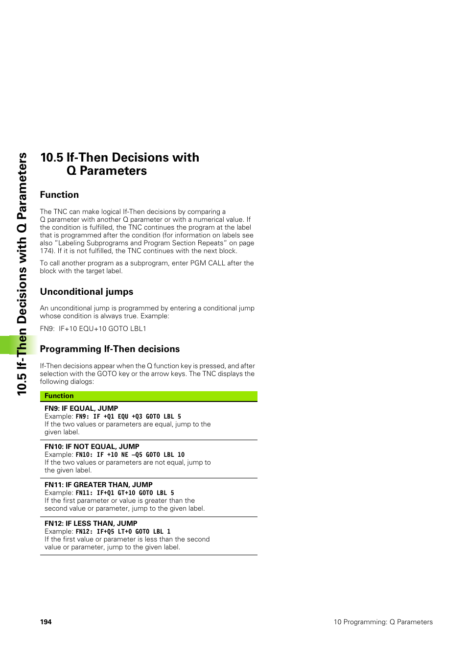 5 if-then decisions with q parameters, Function, Unconditional jumps | Programming if-then decisions | HEIDENHAIN TNC 406 User Manual | Page 215 / 289