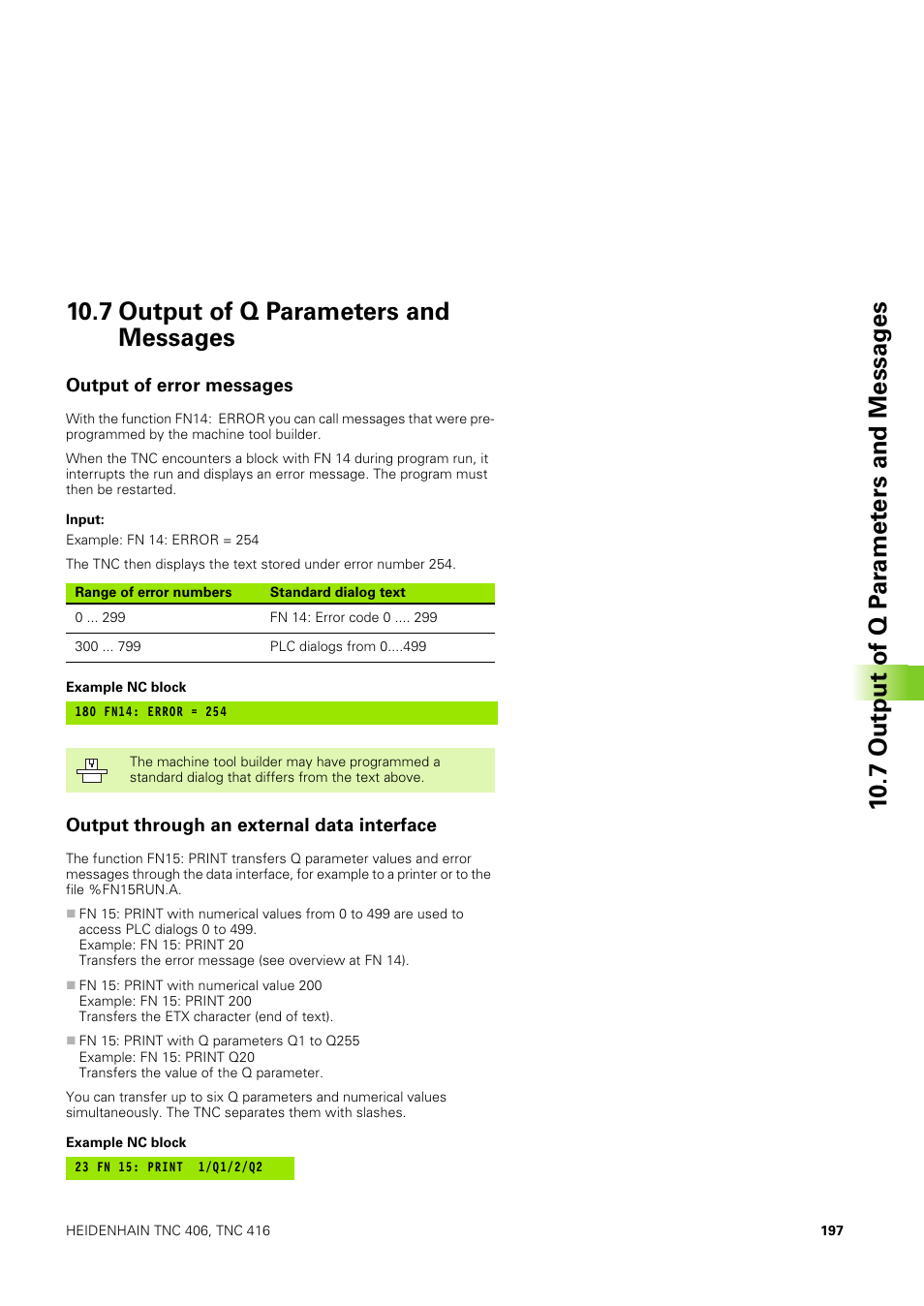 7 output of q parameters and messages, Output of error messages, Output through an external data interface | HEIDENHAIN TNC 406 User Manual | Page 218 / 289