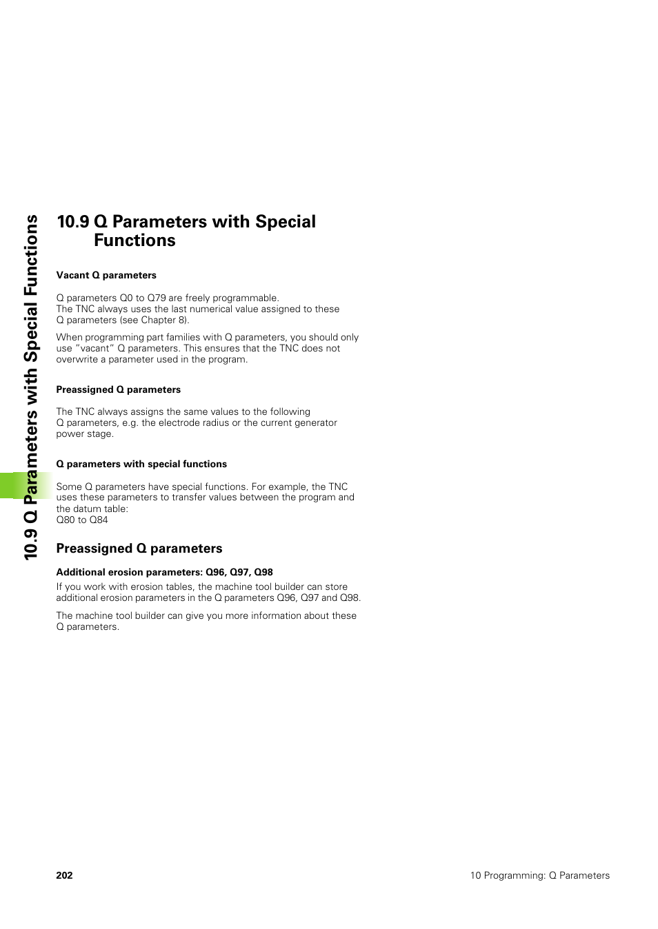 9 q parameters with special functions, Vacant q parameters, Preassigned q parameters | Q parameters with special functions | HEIDENHAIN TNC 406 User Manual | Page 223 / 289