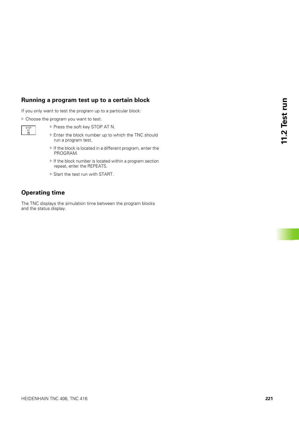 Running a program test up to a certain block, Operating time, 2 t e st r u n | HEIDENHAIN TNC 406 User Manual | Page 242 / 289