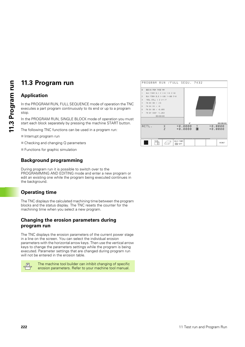 3 program run, Application, Background programming | Operating time, Changing the erosion parameters during program run | HEIDENHAIN TNC 406 User Manual | Page 243 / 289