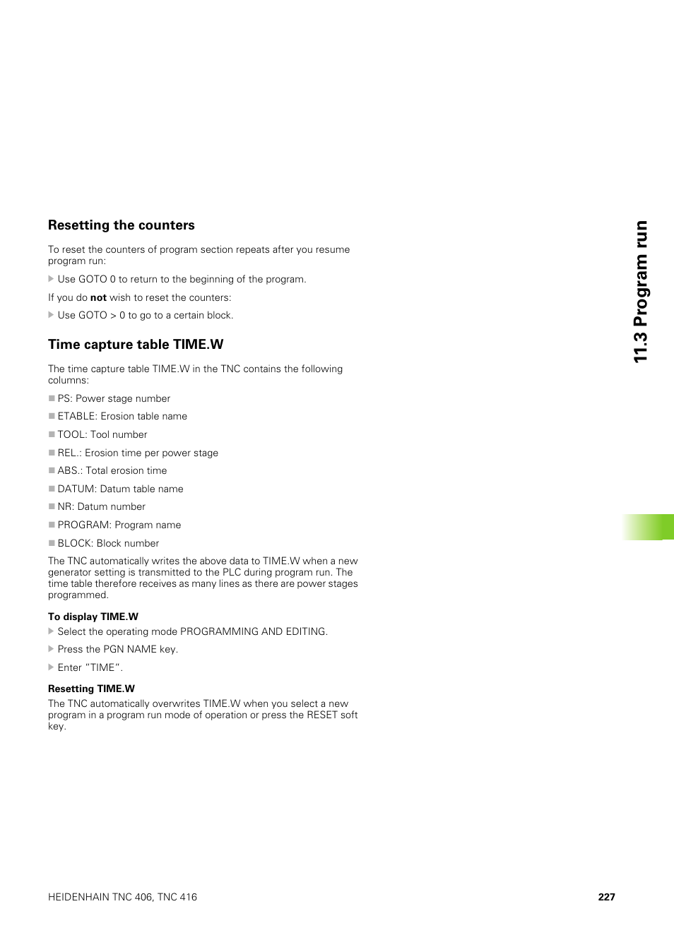 Resetting the counters, Time capture table time.w | HEIDENHAIN TNC 406 User Manual | Page 248 / 289