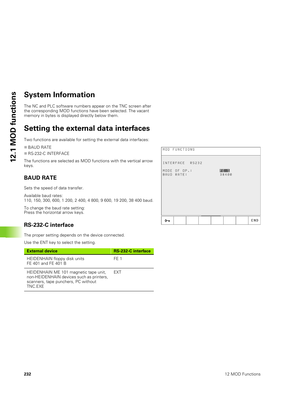 System information, Setting the external data interfaces, Baud rate | Rs-232-c interface, 1 mod functions system information | HEIDENHAIN TNC 406 User Manual | Page 253 / 289