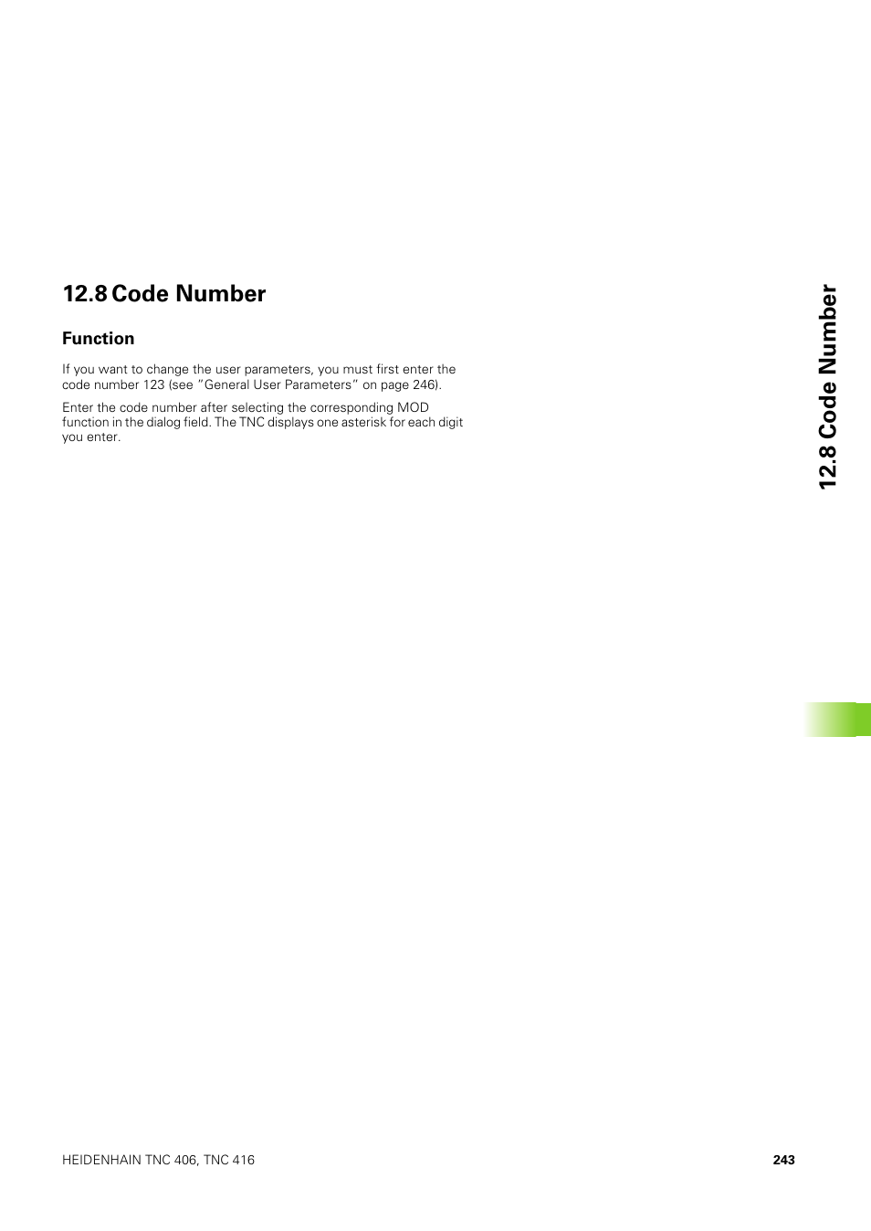 8 code number, Function | HEIDENHAIN TNC 406 User Manual | Page 264 / 289