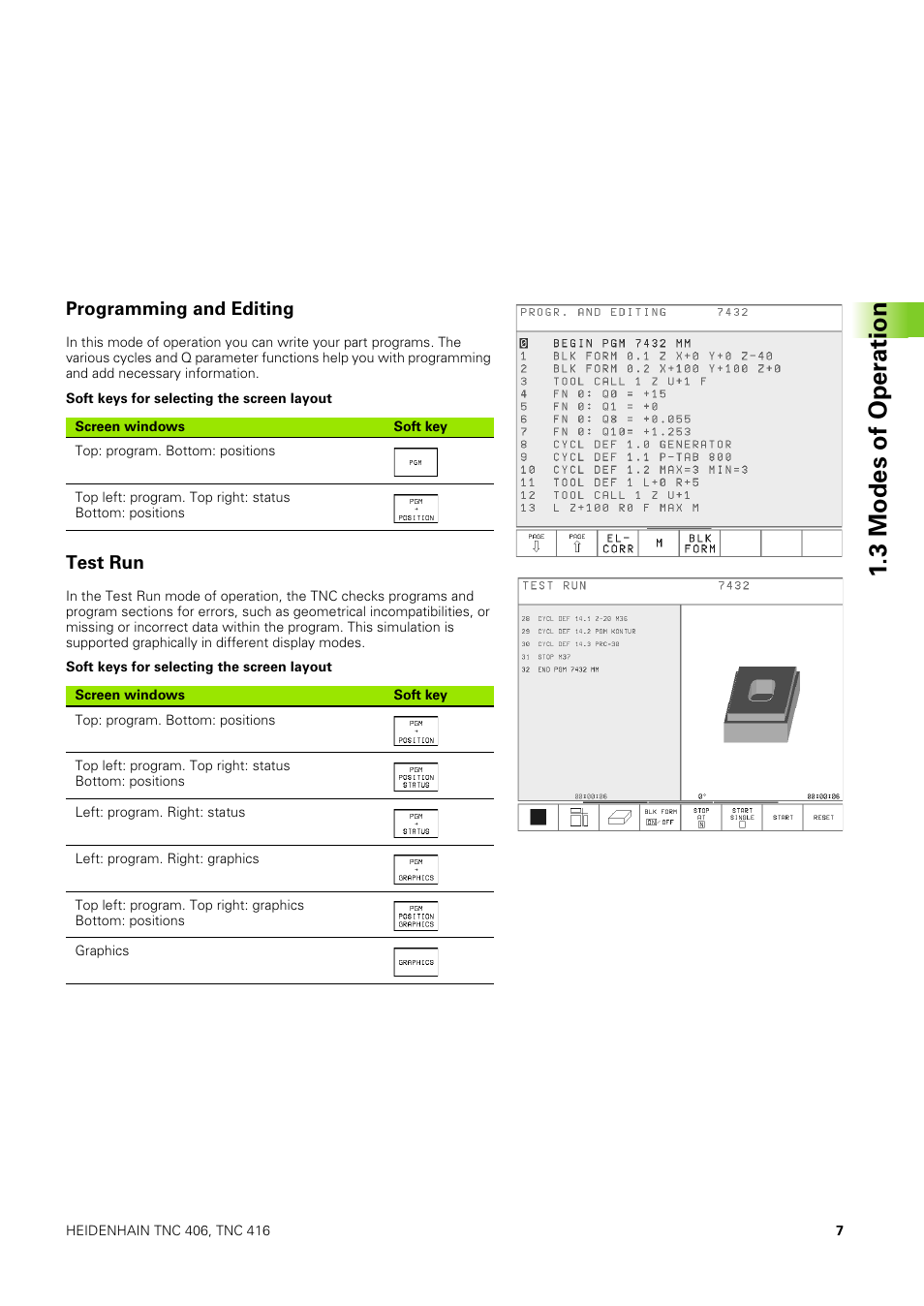 Programming and editing, Test run, 3 modes of oper ation | HEIDENHAIN TNC 406 User Manual | Page 28 / 289