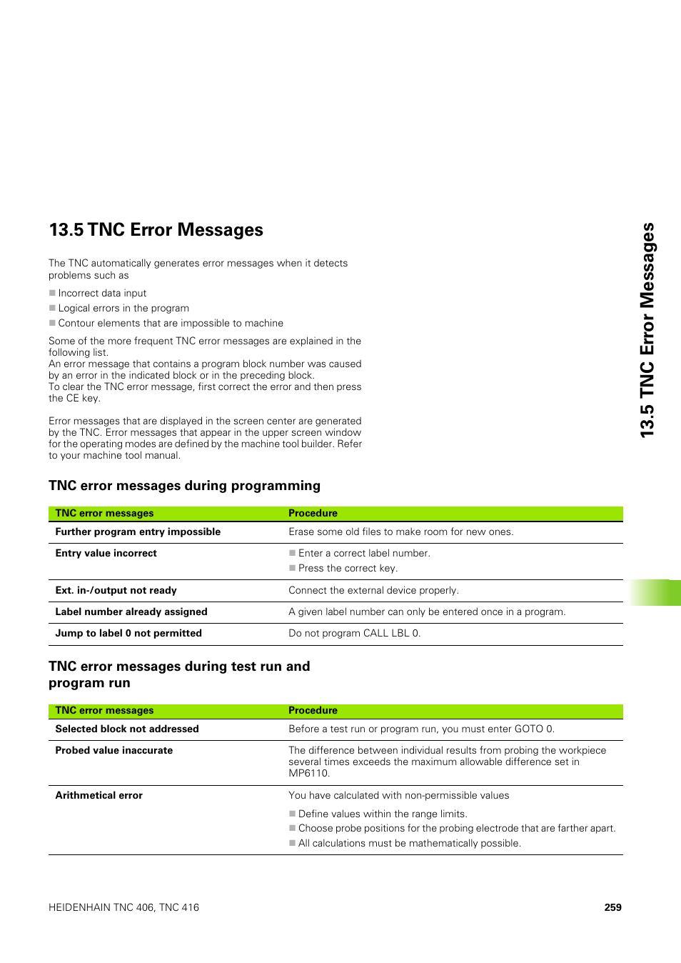 5 tnc error messages, Tnc error messages during programming, Tnc error messages during test run and program run | 5 tnc er ro r messag e s 13.5 tnc error messages | HEIDENHAIN TNC 406 User Manual | Page 280 / 289