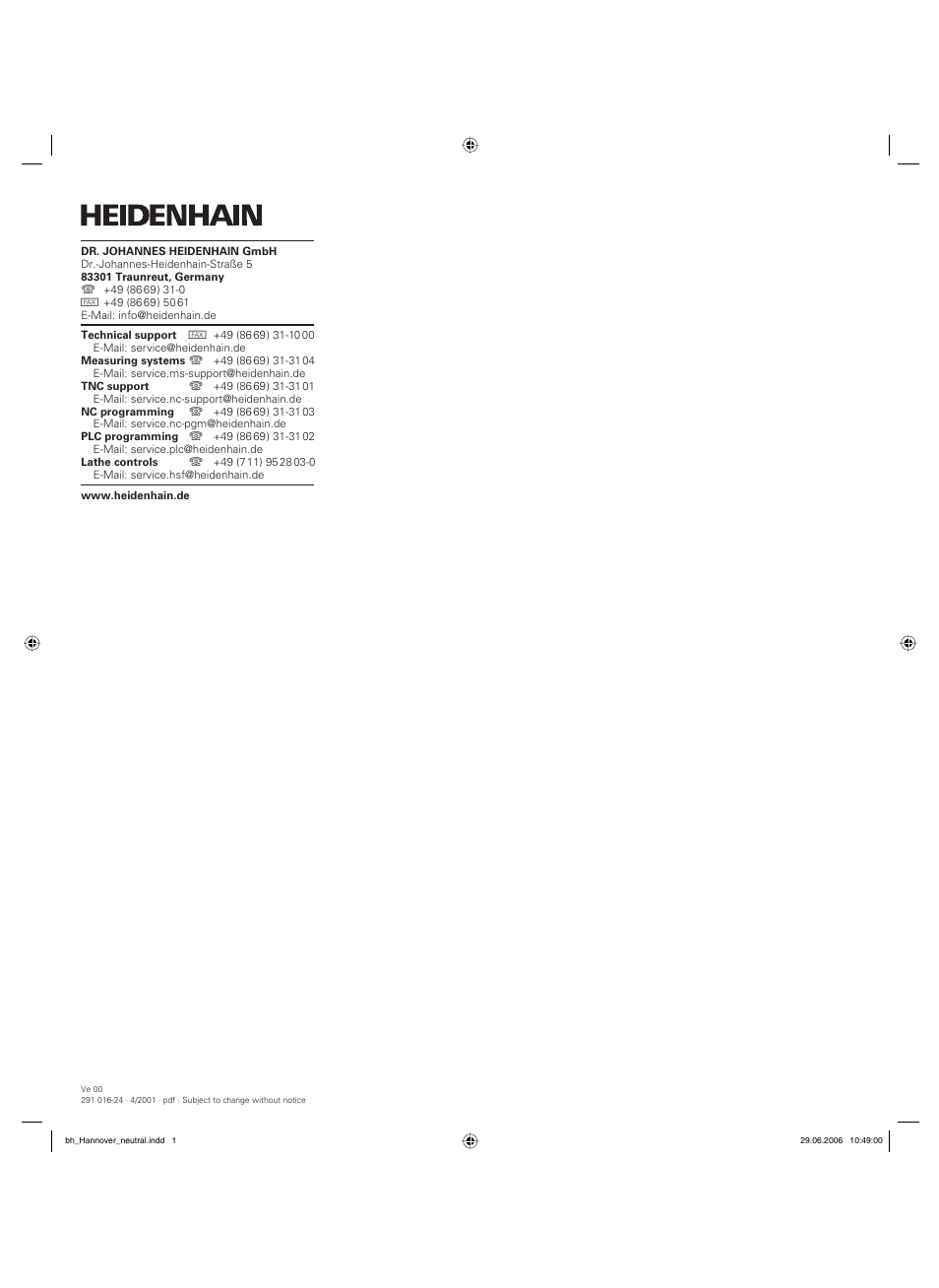 HEIDENHAIN TNC 406 User Manual | Page 289 / 289