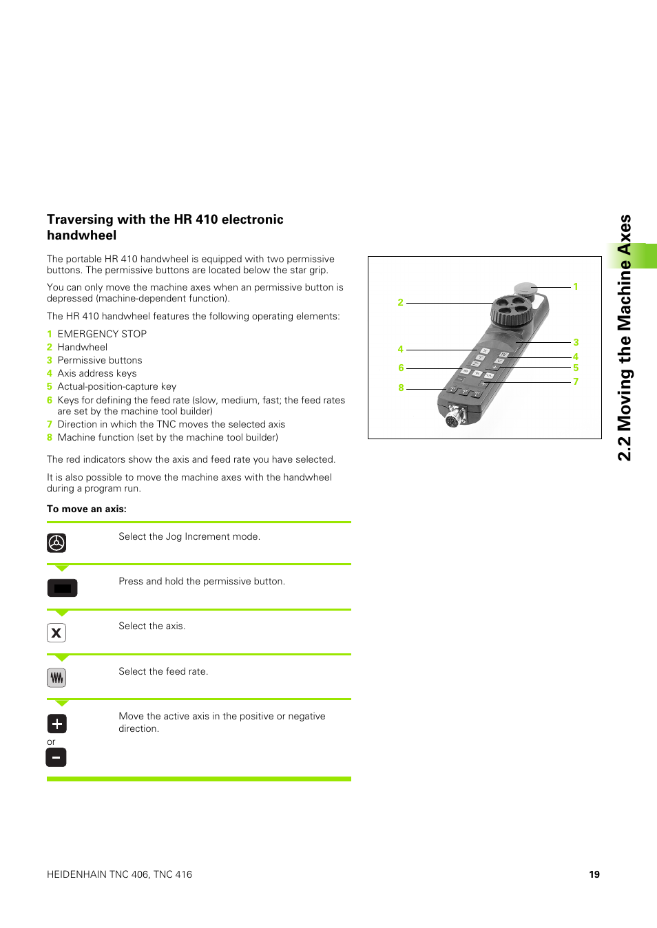 Traversing with the hr 410 electronic handwheel, 2 mo vin g th e mac h in e ax es | HEIDENHAIN TNC 406 User Manual | Page 40 / 289