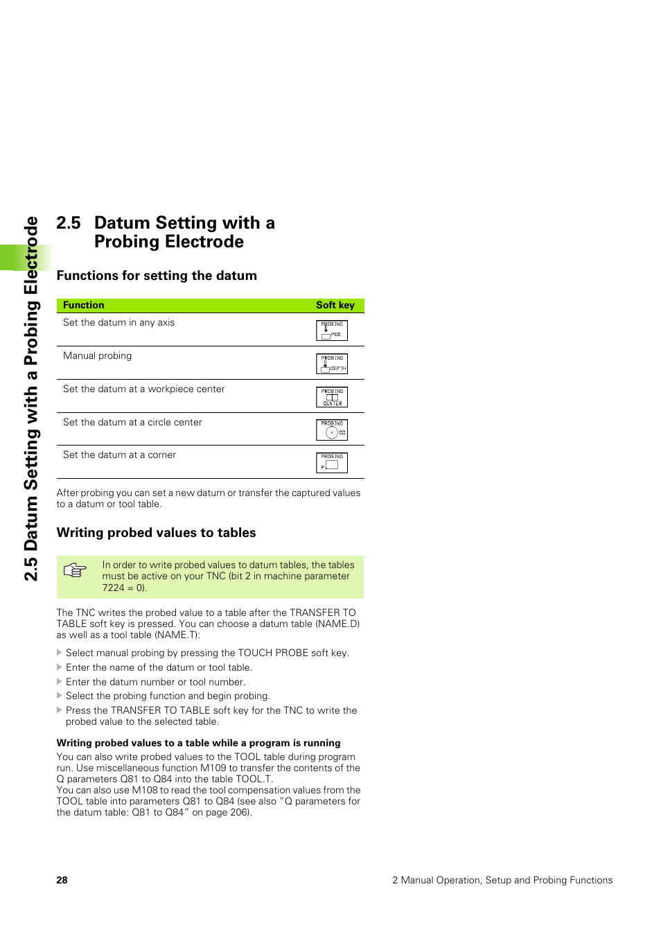 5 datum setting with a probing electrode, Functions for setting the datum, Writing probed values to tables | HEIDENHAIN TNC 406 User Manual | Page 49 / 289