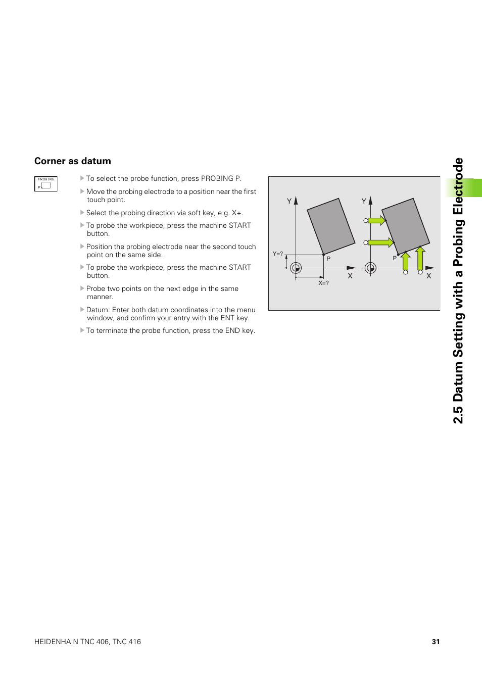 Corner as datum, 5 d a tu m set ting with a pr obing electr ode | HEIDENHAIN TNC 406 User Manual | Page 52 / 289