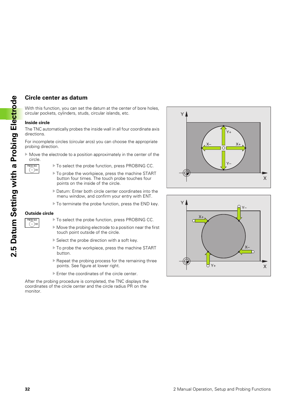 Circle center as datum, 5 d a tu m set ting with a pr obing electr ode | HEIDENHAIN TNC 406 User Manual | Page 53 / 289