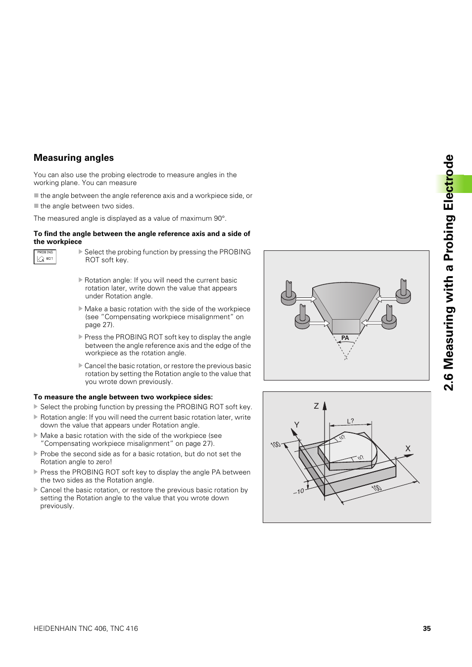 Measuring angles, 6 measur ing with a pr obing electr ode | HEIDENHAIN TNC 406 User Manual | Page 56 / 289