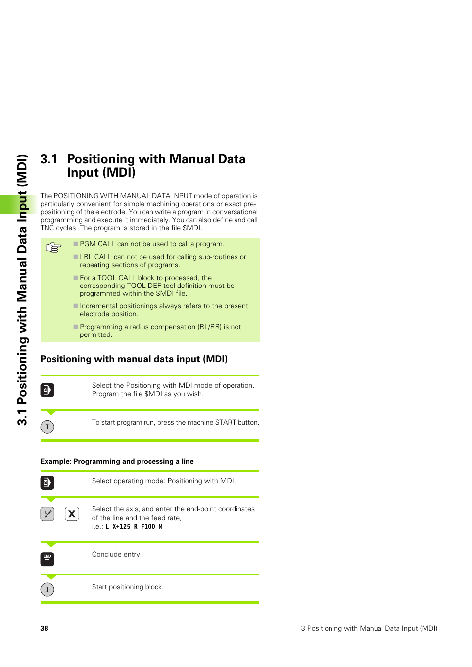 1 positioning with manual data input (mdi), Positioning with manual data input (mdi) | HEIDENHAIN TNC 406 User Manual | Page 59 / 289