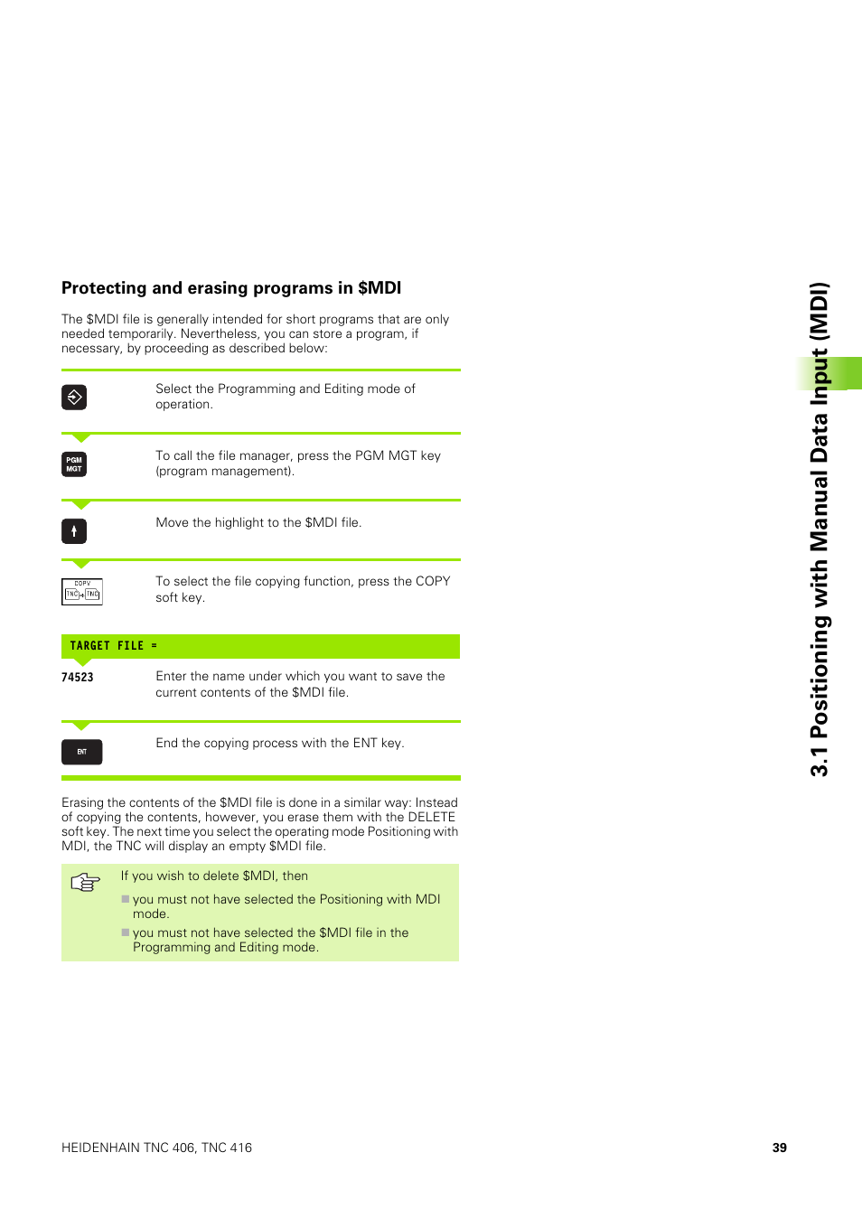 Protecting and erasing programs in $mdi, 1 p o sitioning with manual d ata input (mdi) | HEIDENHAIN TNC 406 User Manual | Page 60 / 289