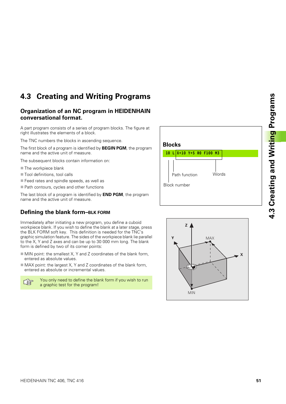 3 creating and writing programs, Defining the blank form-blk form, Defining the blank form | HEIDENHAIN TNC 406 User Manual | Page 72 / 289