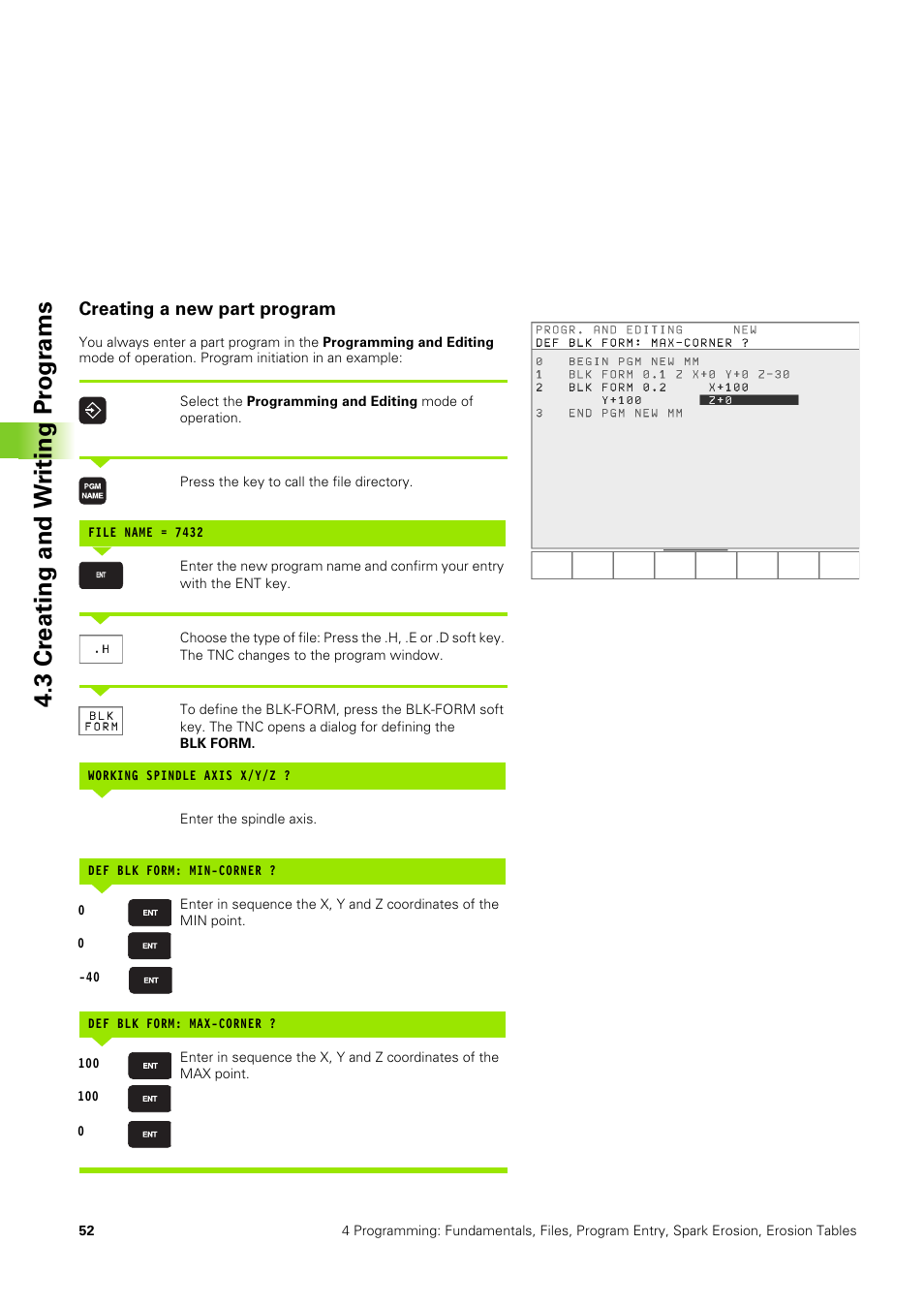 Creating a new part program, 3 cr eating and w riting pr ogr ams | HEIDENHAIN TNC 406 User Manual | Page 73 / 289