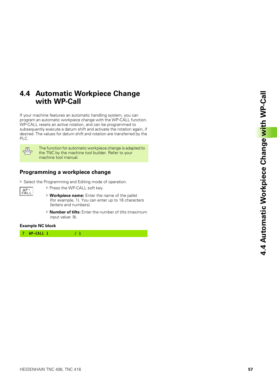 4 automatic workpiece change with wp-call, Programming a workpiece change | HEIDENHAIN TNC 406 User Manual | Page 78 / 289