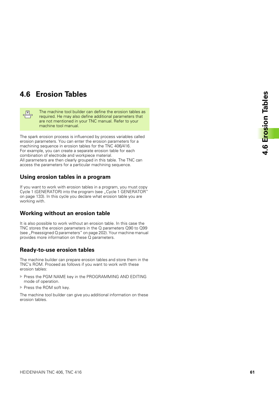 6 erosion tables, Using erosion tables in a program, Working without an erosion table | Ready-to-use erosion tables, 6 er osion t ables 4.6 erosion tables | HEIDENHAIN TNC 406 User Manual | Page 82 / 289