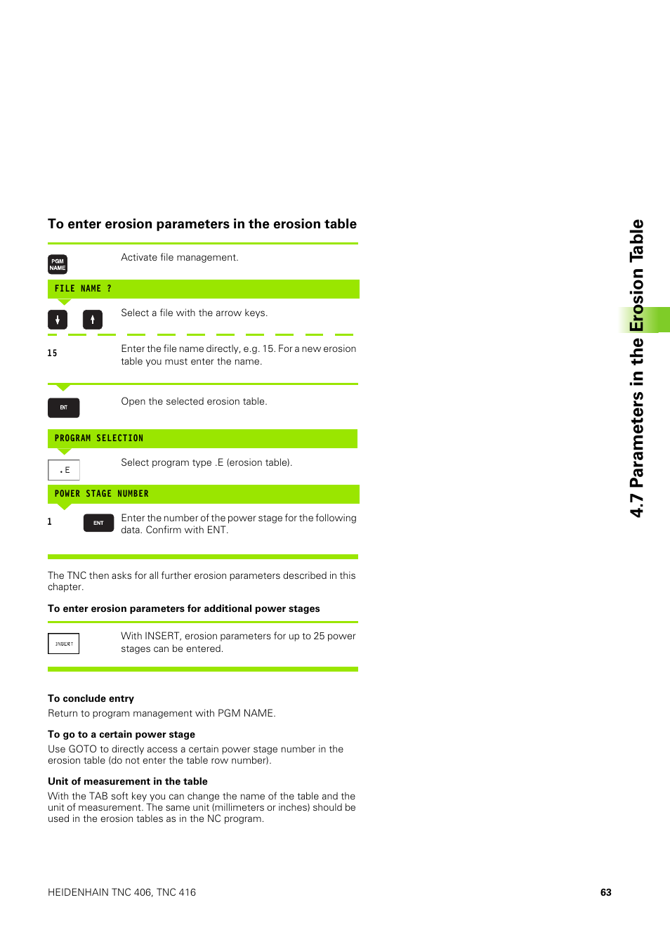 To enter erosion parameters in the erosion table, 7 p ar amet ers in the er osion t able | HEIDENHAIN TNC 406 User Manual | Page 84 / 289